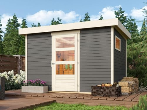 Karibu Gartenhaus | Gerätehaus mit 19 mm Wandstärke | INKLUSIVE Unterkonstruktionshölzer | Fichtenholz | Steck-/Schraubsystem | Grundfläche: 6,10 m² | Terragrau | 330x238x211 cm