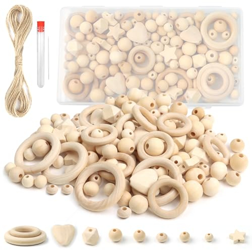 125 Stück Holzperlen Makramee Set, Holzperlen mit Holzringen Set zum Basteln, Holzperlen Makramee Set mit herzförmigem Pentagramm