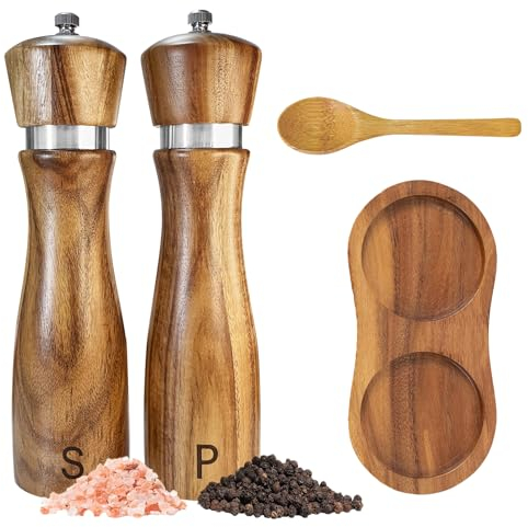 Wooden Salt and Pepper Grinder Set:Pepper Grinder Manual,Adjustable Coarseness,Crafted of Solid Acacia Wood with Ceramic/Stainless Steel Core|Along with Salt&Pepper Mill Tray,Spoon,8in,2pack