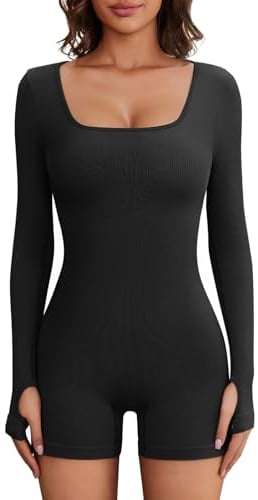 Nadeer Women's Ribbed Jumpsuit Long Sleeve Yoga Romper Square Neck One Piece Bodycon Workout Sports Slim Fit Playsuit Outfit Fitness Sportwear Daily Wear