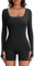 Nadeer Women's Ribbed Jumpsuit Long Sleeve Yoga Romper Square Neck One Piece Bodycon Workout Sports Slim Fit Playsuit Outfit Fitness Sportwear Daily Wear