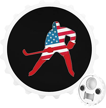 American Hockey Player - Abridor de botellas portátil fuerte para nevera, bonito diseño de jugador de hockey americano