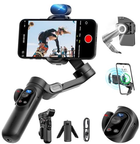 Stabilizzatore cardanico per smartphone, stabilizzatore a 3 assi per iPhone e Android, sensore di tracciamento AI (senza app), giunto cardanico del telefono con schermo OLED/luce integrata, versione