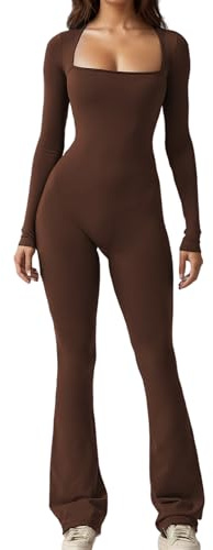 Merlvida Sport Jumpsuits für Damen Eng Langarm Jumpsuit Nahtloser Overall Elastischer Bodysuit Figurformender Einteiler Sexy One Piece Bodycon Outfit für Yoga Fitness Gym