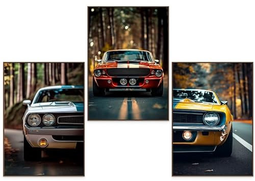 GrowArt - 3er-Posterset mit Muscle Cars im A3-Format ohne Rahmen | hochwertiger Fotodruck | außergewöhnliche Wanddekoration für Liebhaber des Autokults |