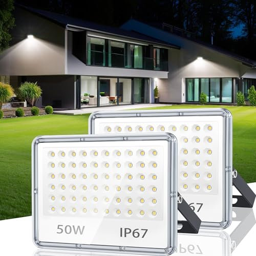 TASINUO Projecteur LED Extérieur 50W, Spot LED Extérieur IP67 Imperméable, 5000LM 6500K Blanc Froid Eclairage Exterieur pour Jardin Patio Garage Entrée, Lot de 2