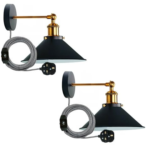 2-Pack Adjustable Black Metal Cone Wall Sconce Light with Dimmer Switch Plug-in, E27 Base for Indoor Home Decor, Office, Restaurant - Rustic Industrial Design, Heavy Duty, Adjustable Arm - 22cm