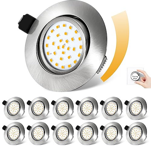 fosfor LED Einbaustrahler 230V Dimmbarer, 25mm Einbautiefe, 600LM, IP44 Spritzwassergeschützt, 5W Ersetzt 50W Halogenstrahler, 12er Set, für Küche, Badezimmer, Wohnzimmer (Warmweiß 2700K, Silber)