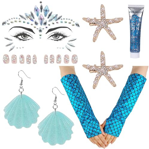 6 Set Meerjungfrau Kostüm Damen,Handschuhe Meerjungfrau,Seestern Haarspange,Muschel Ohrringe,Edelsteine Gesichtstattoo,Body Glitter Gel,Karneval Kostüm Accessoires für Fasching Karneval Mottoparty