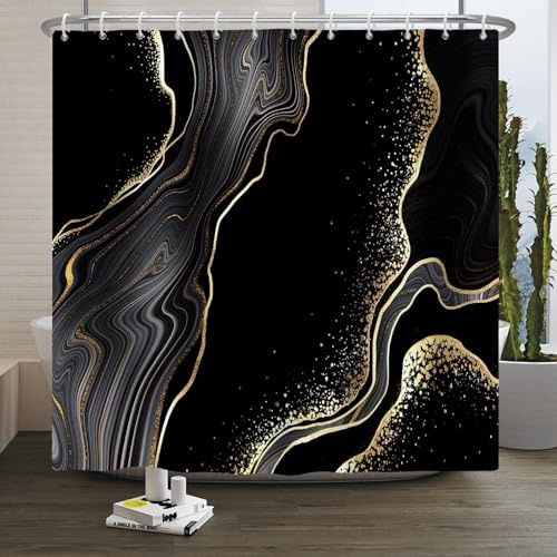 Xiaoterna Rideau de Douche en marbre Noir Rideau de Douche imperméable à la Poudre d'or Rideau de Douche Abstrait en marbre Noir et Taches d'or Lavable Tissu résistant aux moisissures 180x200cm