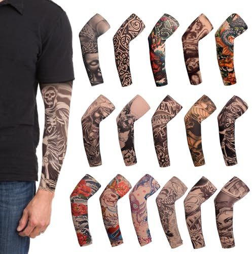 Riisoyu 16PCS Manchons de Tatouage, Manches unisexes de tatouages de mode Faux Tatouages Temporaire Faux Glissement Tatouage Manches Bras Couvre-manches pour Tatouages de Bras pour Fête, Carnaval