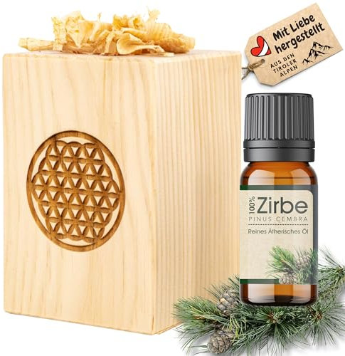 sagl.tirol® Zirbenholz Set mit Zirbenspäne und 10 ml Zirbenöl - Zirbelkiefer Öl – Zirbenduft und Deko aus Zirbelkiefer – Nachhaltige Zirbenholz Produkte, Zirbenwürfel, Raumduft Zirbe-Blume des Lebens