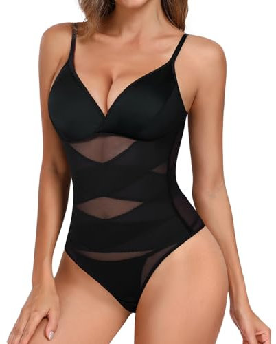Tuopuda Body Contenitivo Modellante Donna Shaper Perizoma Bodysuit Guaina Contenitiva Intimo Snellente Pancia Piatta Dimagrante Shaping con Reggiseno Spallino Regolabile Sheer Mesh Fajas, Nero-1, M
