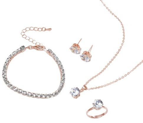 Auriselle Donna Gioielli Set Strass Orecchini Collana Bracciale Anello Classico 4 Pezzi Donna Gioielli con Cubic Zirconia Regali di Nozze per le Signore, Oro rosa