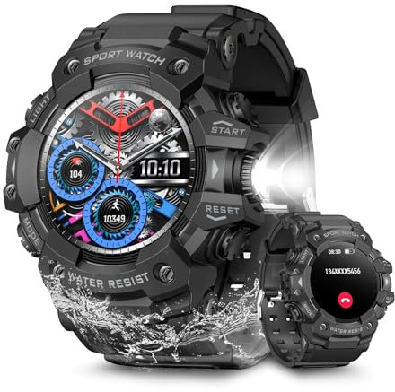 FATONIO Military Smart Watches for Men (Answer/Make Call) Waterproof Sport Outdoor with Flashlight for Android and iPhone with Blood Presure/Blood Oxygen/Heart Rate/Sleep/100+ Sport Modes (Black)