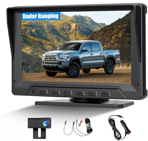 CAMECHO Radar Rückfahrkamera mit 7 Zoll Monitor 12V, IP68 wasserdichte Nachtsicht Weitwinkel Auto Kamera Kabel Stabilem Signal mit Umgekehrte Linie Toter-Winkel-Warnung für alle Modelle