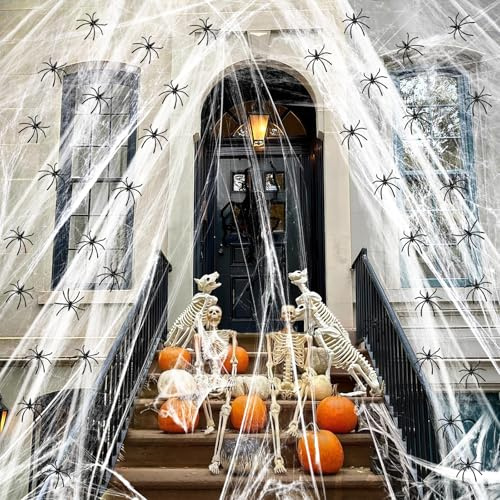 SKYYUE Spinnen Deko Halloween Spinnennetz Dekoration, 200g Dehnbare Spinnennetz mit 50 Plastikspinne Schwarz, Gruseliges Spinnengewebe für Halloween, Fasching, Karneval oder Mottoparty-Dekoration