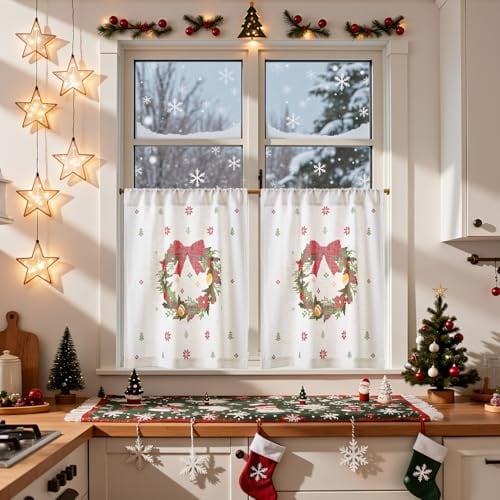 Vangao Scheibengardinen Christmas Bistrogardine 2er Set 75Hx65Bcm Rot Grün | Boho Bedruckt Weihnachtskranz, Scheibengardinen Weihnachten Deko Leinenoptik Landhausstil, Küche Fenster Kinderzimmer