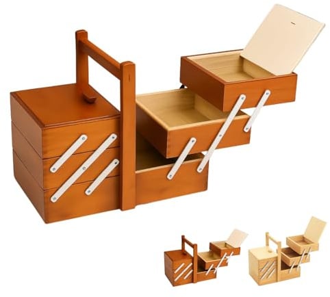 Paluplus Cestino portacucito in Legno a 3 Piani, Misura 34x23x29 cm, Scatola a Scaletta con maniglia e 5 Scomparti per accessori cucito, sartoria e fai da te, Made in Italy -015F -3,1 (Noce)
