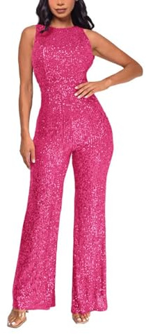 Generisch Combinaison à paillettes pour femme - Élégante et brillante - Pantalon droit - Vêtement de nuit - Vêtement de travail - Décontracté - Couleur unie, O Rose chaud, S