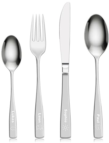 Gravurmaster Personalisiert Besteck Set für Kinder Erwachsene,4 STK Essbesteck mit Gravur,Messer Gabel Löffel Set aus Spülmaschinenfestem Edelstahl für Küche,Geschenk zur Hochzeit Taufe Geburtstag