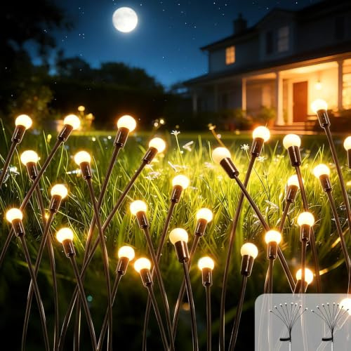 4 Stück Firefly Solarlampen für Außen Garten, 8 LEDs, IP65 wasserdicht | 2 Lichtmodi, schwingende Glühwürmchen Solarleuchten, warmweiß, dekorativ für Terrasse, Hof, Weg, Yard & Patio