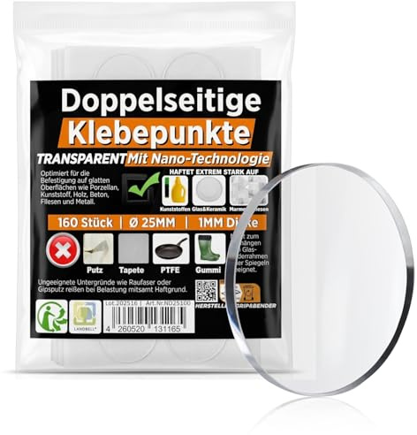 GRIP&BENDER Klebepunkte Doppelseitig mit Abziehhilfe (160 Stück) | Transparente Nano-Dot Klebepads, Extra Starke Ablösbare Klebesticker für Wand und Fenster (Rund, 25mm)