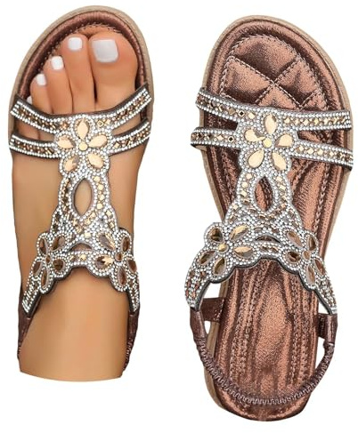 Sandaletter damer glitter platt, sandaler damer platta eleganta, slip-on strass strandsandaler öppen tå andas fritidssandaler lätta bekväma sommarskor mjuka halkfria sandaler