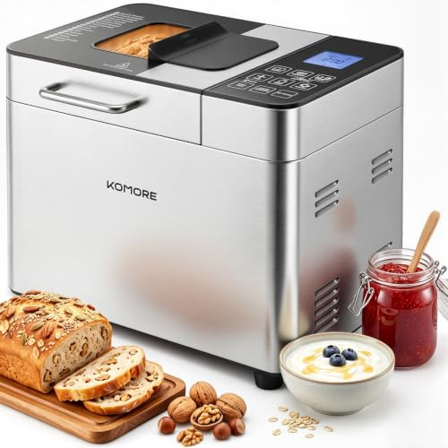 KOMORE Bread Maker Machine Auto Nut Dispenser 17 Programmes Stainless Steel | 2LB Breadmaker with Gluten Free, 15H Delay Timer 1H Keep Warm, 3 Crust Colours and 3 Loaf Sizes, Include Measuring Cup Spoon