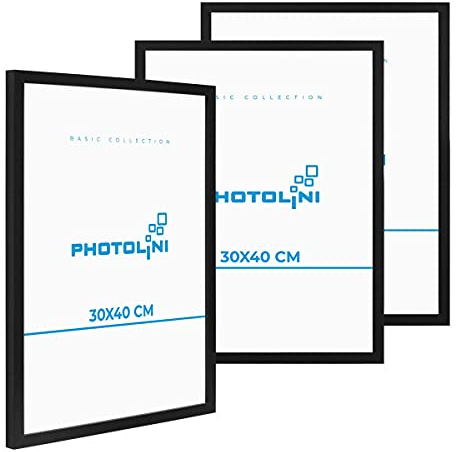 PHOTOLINI Bilderrahmen 30x40 Schwarz Holz MDF, 3er Set Bilderrahmen 40x30 cm bruchsicherem Acrylglas, Rahmen 30x40 schwarz Aufhängen, Picture Frame mit extra Zubehör - Rahmen 40x30 für Fotos & Poster