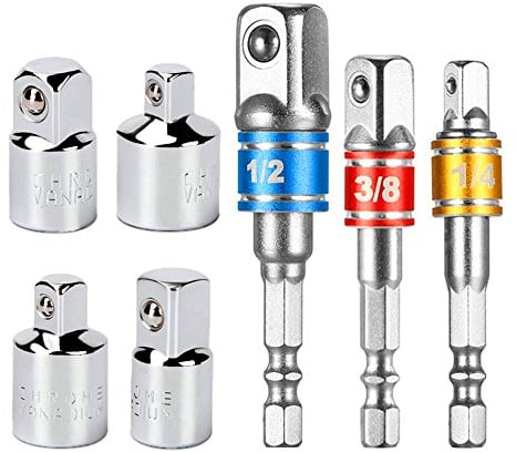 Newder Adaptador para Llave de Carraca, Juego de 4 Pzas Adaptadores de 1/4 3/8 1/2 +Set con 3 piezas Hexagon Color Aluminio adaptadores Socket Wrench 1/4, 1/2, 3/8