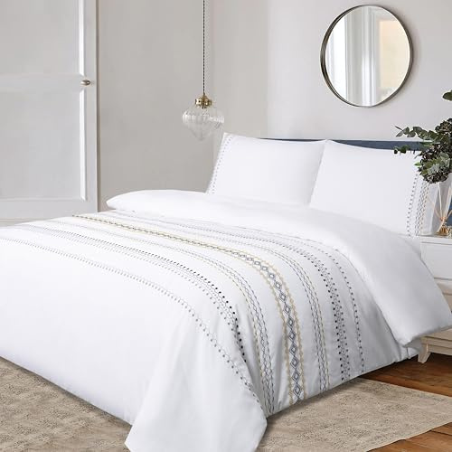 Double Bedding Set White Cotton Duvet Cover Sets Embroidered Geometric | Striped Pattern Luxury Breathable Quilt Cover with 2 Pillowcases for Double Bed 200x200 cm 3 Pieces Duvet Set