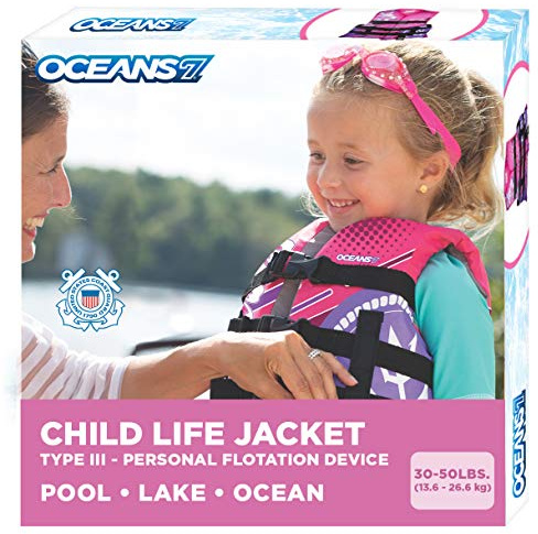 Oceans7 US Coast Guard-Approved Kids Life Jacket 30-50 lbs -Type III PFD Flexible-Fit Open-Sided Design Personal Flotation Device – Pink/Berry