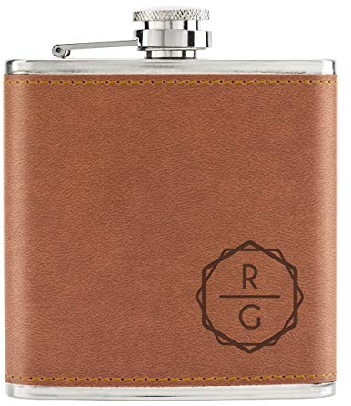 Personalised Custom Initials Entwined Hexagon 6oz PU Leather Hip Flask Tan