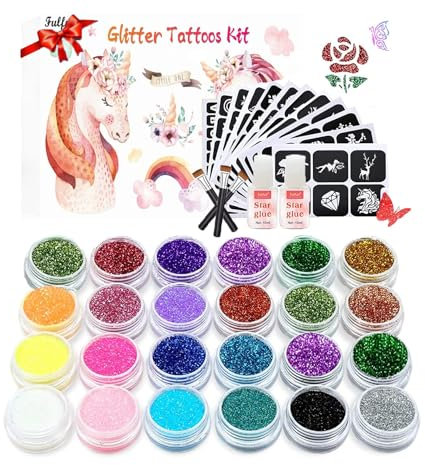 Glitter Tattoos Kit -30 Color Temporary Tattoos for Body, Party, Halloween, Birthday, Christmas