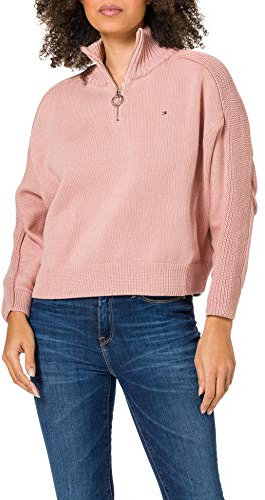 Tommy Hilfiger Zip-UP High-NK Swt LS Maglione, Soothing Pink, XXL Donna