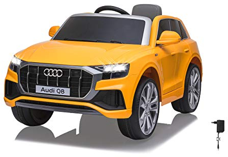 JAMARA 460202 - Ride On Car Audi Q8 12V - 1,5 Std. Fahrzeit, 2 Starke Motoren, 2-Gang, SD, AUX, USB-Anschluss, Hupe, Motorsound, LED-Scheinwerfer, Batteriespannungsanzeige, gelb