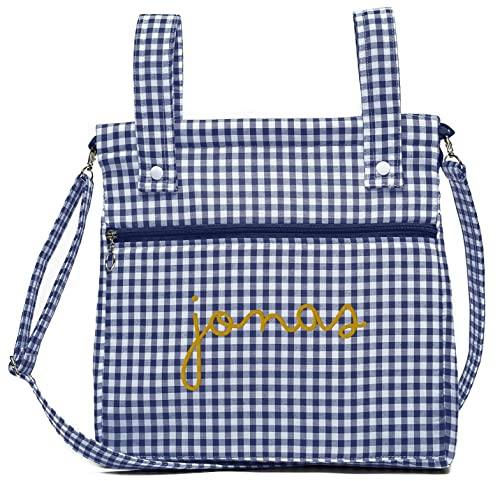Bolsa panera de algodón vichy personalizada con nombre bordado - Bolso carro - Talega carrito de bebé - Nenel (Marino)