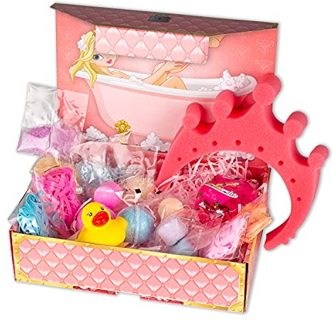 Sweet Princess - Pflege-Set und Bade-Spaß für Prinzessinnen, Kinder Schatztruhe 17-teilig, mit Badesalz, Sprudeltabs, Quietscheente, Schwamm und buntem Bade-Zusatz, tolles Geschenk für Mädchen