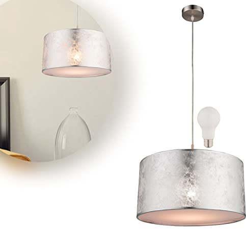 bmf-versand Hängelampe Schlafzimmer Stoff Silber - Hängeleuchte Wohnzimmer LED - Pendelleuchte Esstisch mit Leuchtmittel - Esszimmerlampe Hängend Textil Lampenschirm 40 cm Höhe 140 cm