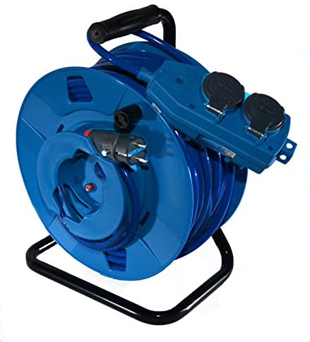 Hilark Cable Tech Garten-Elektrokabeltrommel, Rückspule, Kabeltrommel H07BQ-F 3g2,5 mm2, Schuko-Stecker und blau Schuko-Steckdosenblock, Klappsteckdose (50 meter, Blau)
