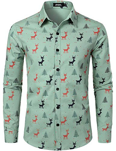 JOGAL Mens Fun Christmas Print Santa Claus Shirts Long Sleeve Button Up Dress Shirts Green 3X-Large