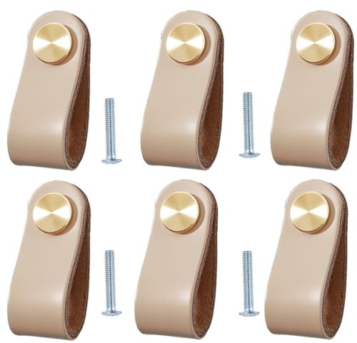 BOOLSFMAM 6 Stück Ledergriffe für Möbel,6.4 x 2.5 cm Handgemachte Griff Möbelknöpfe Leder Möbelgriffe,Schubladengriff Schrankknöpfe für Küchenschränke, Kleiderschrank