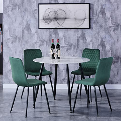 GOLDFAN Runder Esstisch Set 4 Esszimmerstühle Glastisch Marmor und 4 Stühle Schwarze Metallbeine Kleines Wohnzimmer Büro Tisch Set, Grün
