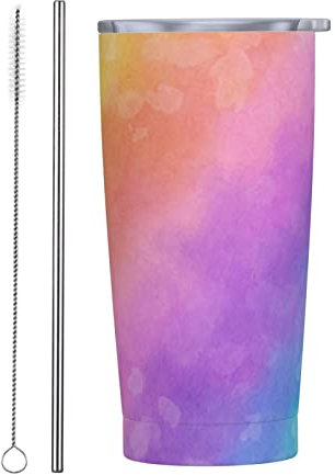 BOHHO 20 Unzen isolierte Trinkbecher, Reisebecher mit Deckel und Strohhalm, Aquarell-Regenbogenbecher für das Auto, wiederverwendbare Reisekaffeetasse für kalte, heiße Getränke