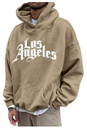 Beokeuioe Pullover für Männer Lässiges Oversized Sweatshirt Kapuzenpullover Vintage Herren Hoodie LOS ANGELES Druck Pulli Sweatjacke mit Kapuze und Tasche Sports Hoody