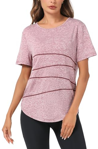 Terecey Sportshirt Damen Fitness T-Shirt Yoga Shirt Damen Funktionsshirt Atmungsaktives Sport Tshirt Mädchen Trainingsshirt Laufshirt für Wandern Lässig Gym Rosa M