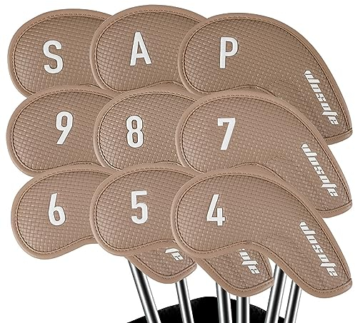 BIGWHEAT88 9Pcs Iron Golf Head Club Set Thick PU Leather Woven Texture Golf Iron Headcover Protective Cover Golf Supplies,Brown