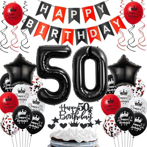 Luftballons 50. Geburtstagsdeko - Schwarz Rot Partydekoration, 50 Jahre Mann Frau, 50. Geburtstag Party Deko