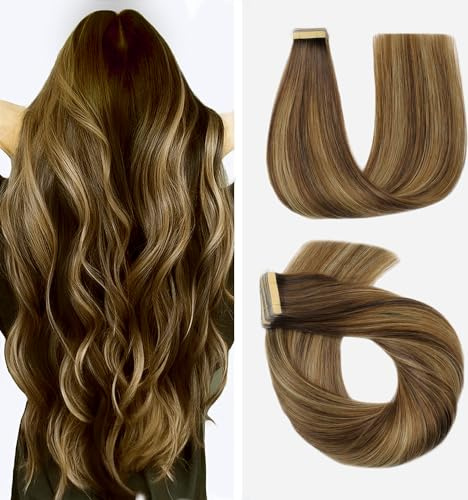 HotLulana Tape Extensions Echthaar Balayage Schokoladenbraun bis Karamellblond(#4/4/27) Extensions Echthaar 14zoll/35cm 40g Invisible 100% Natürliche Skin Weft Tape in Extensions Echthaar 20pcs.